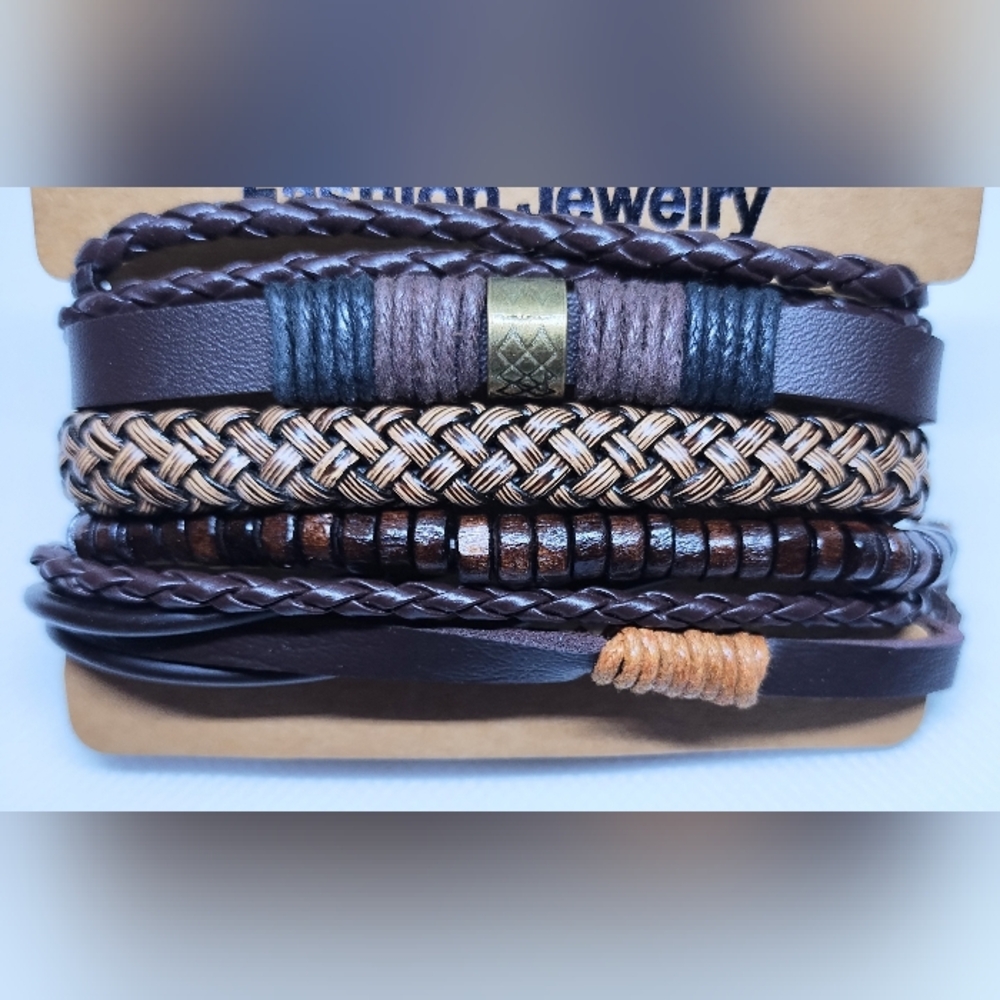 Men's Leather Bracelets Set Braided Beaded Layered Brown New f75‎
